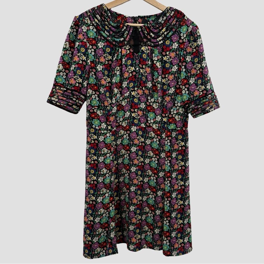 ASOS Floral Mesh Inset Collared Short Sleeve Mini Dress | Black/Multi | Size 12